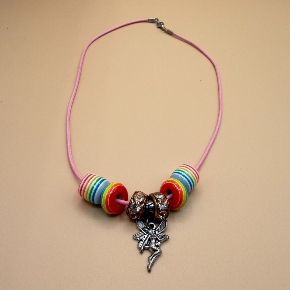 Rainbow Striped Bead Fairy Charm Necklace Pink Cord Rhinestone Y2K Statement